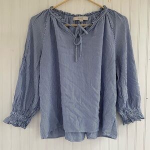 LOFT Women's Blue White Striped Cottage core Long Sleeve Blouse Medium Petite